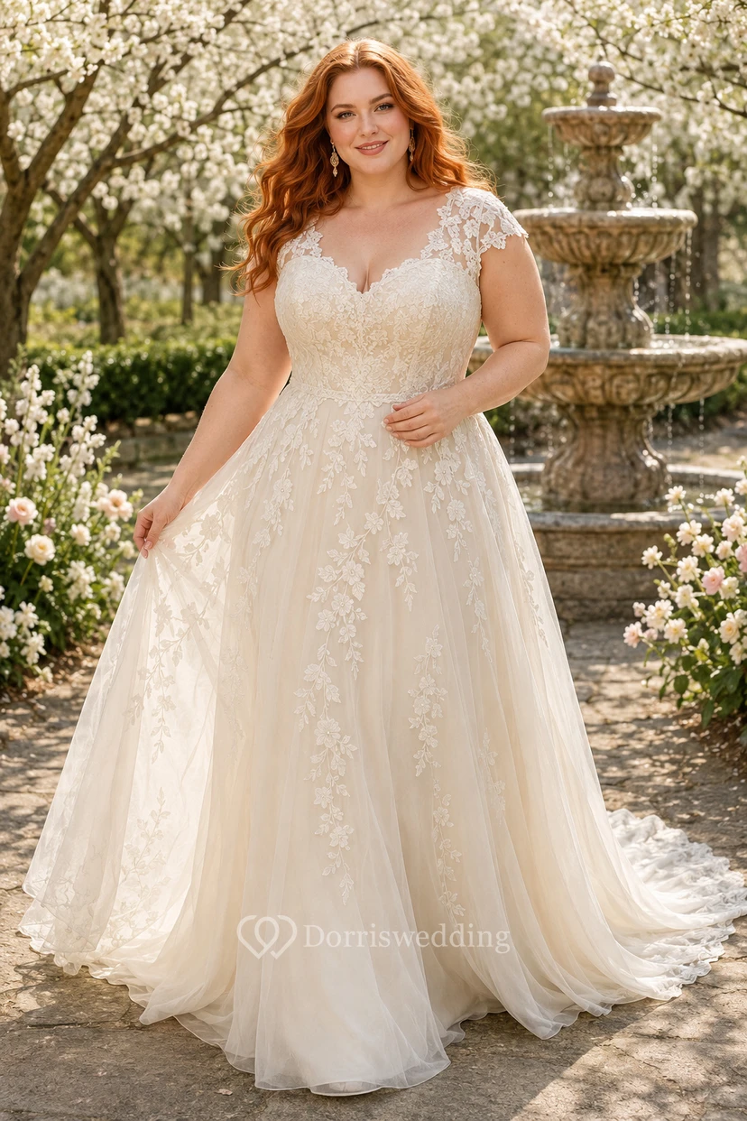 Plus Size Cap Sleeve Lace A-Line Wedding Dress with Soft Tulle Train