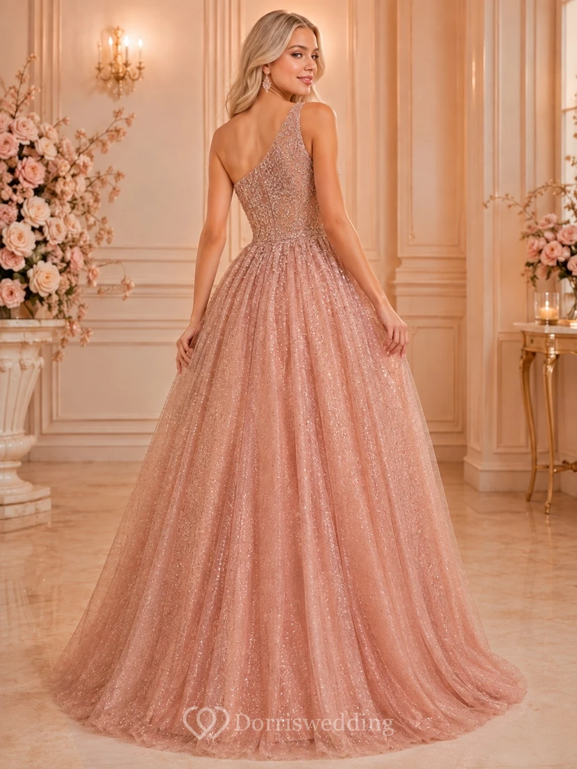Rose Gold One-Shoulder Tulle Ball Gown Sparkling Formal Dress view 2