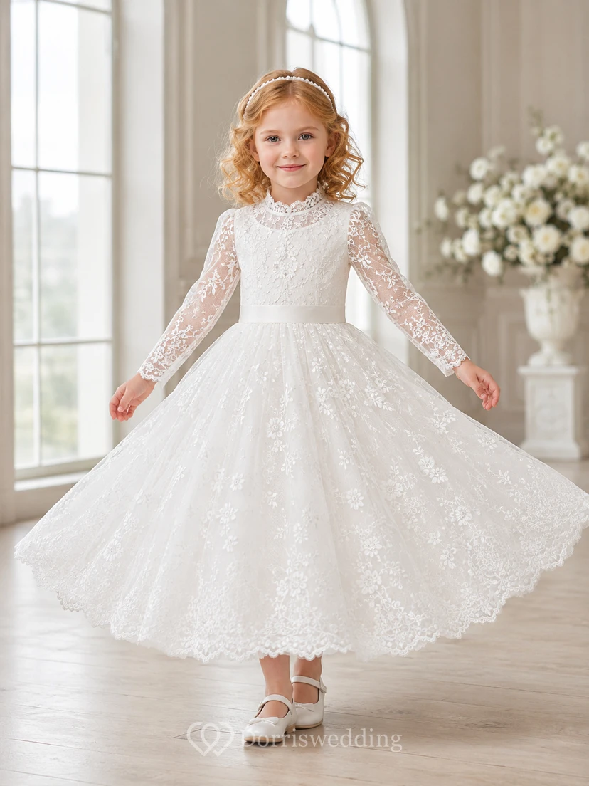 Vestido de niña de las flores, color marfil, encaje, tul, corte en A, manga larga, escote redondo, largo midi.