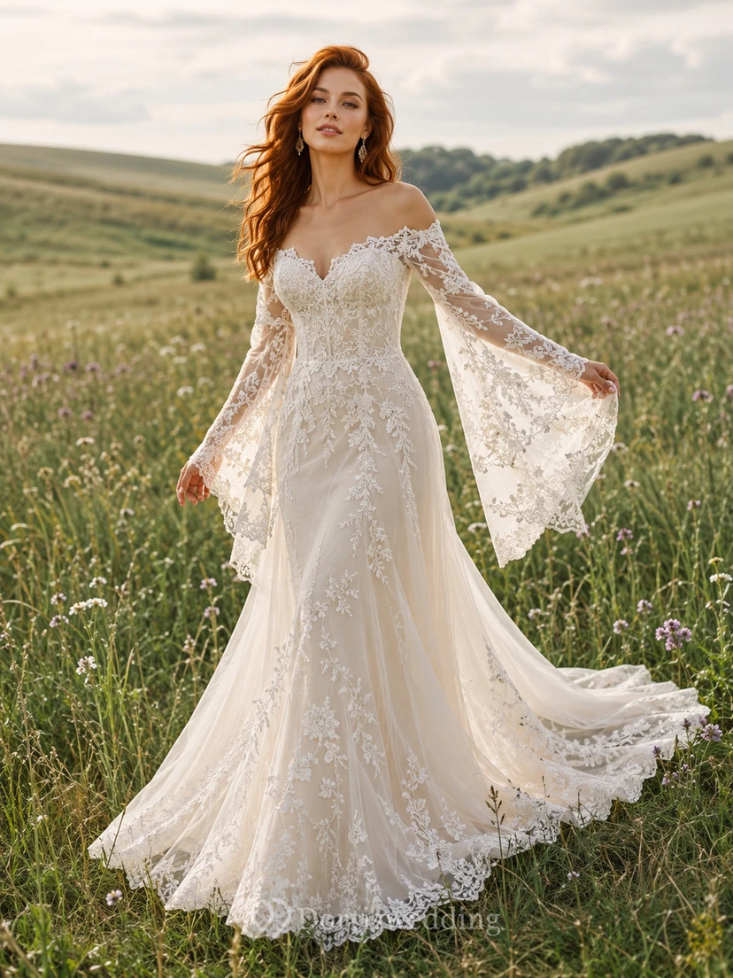 Bohemian Off-Shoulder Bell Sleeve Lace Prairie Chapel Wedding Bridal Gown