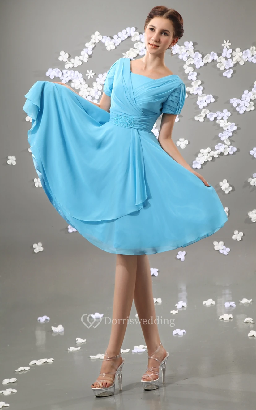 Chiffon Square-Neck Short Sleeve Dress With Ruching view 2
