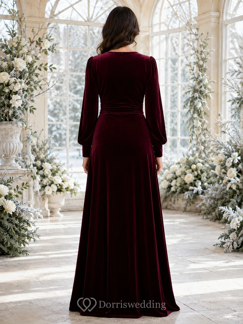 robe de mère trapèze en velours bordeaux à col en V et manches longues view 2