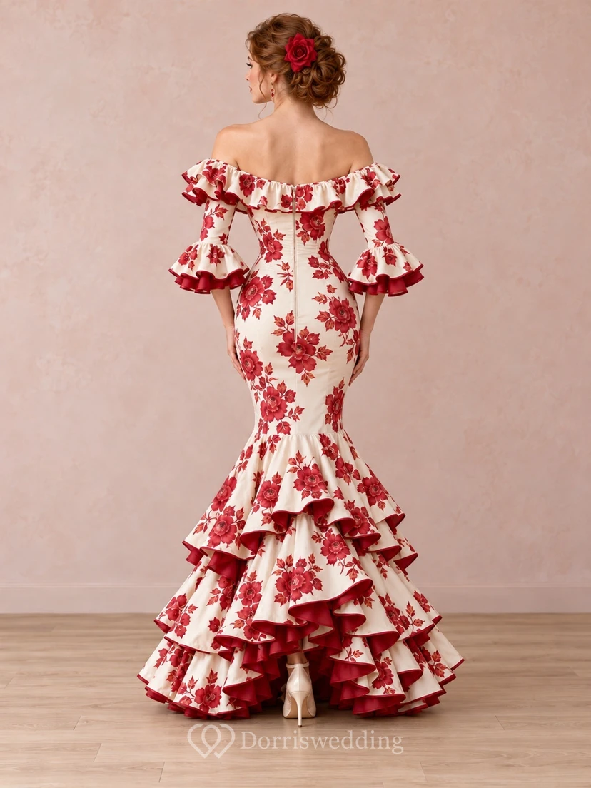Robe de danse Flamenco crème et rouge à fleurs, épaules dénudées et volants view 2
