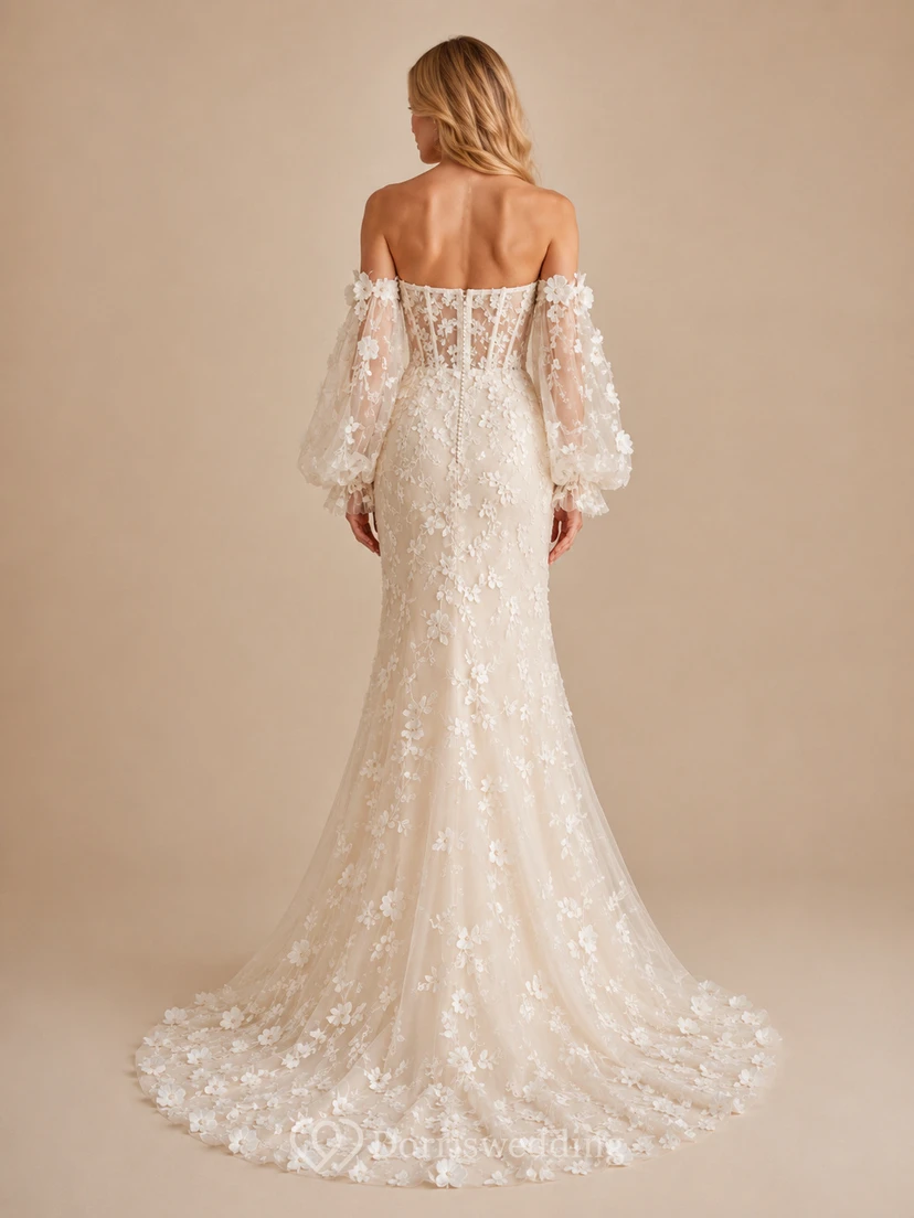 Detachable Floral Sleeve Tulle Ball Gown Studio Bridal Dress view 2