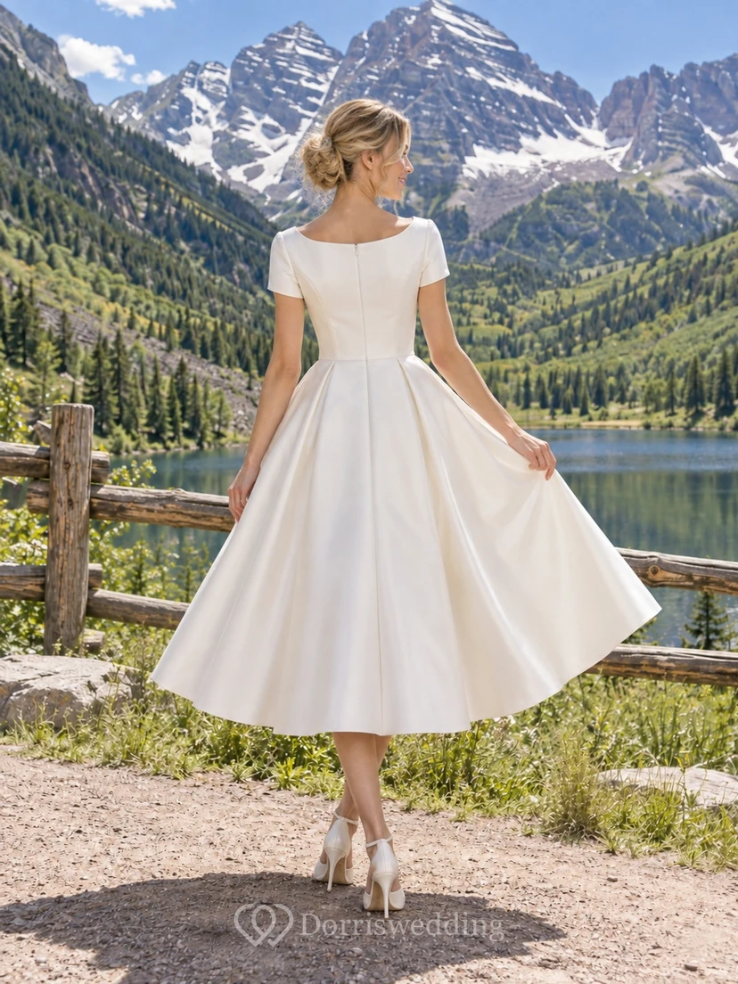 Vestido de novia sencillo de satén plisado de corte A, largo hasta la rodilla, con escote barco y mangas cortas view 2