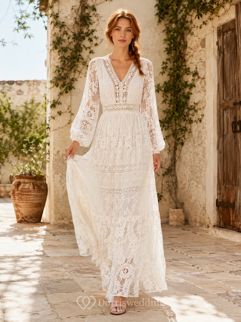 Boho Long Sleeve Deep V-Neck Crochet Lace Floor-Length Beach Wedding Dress