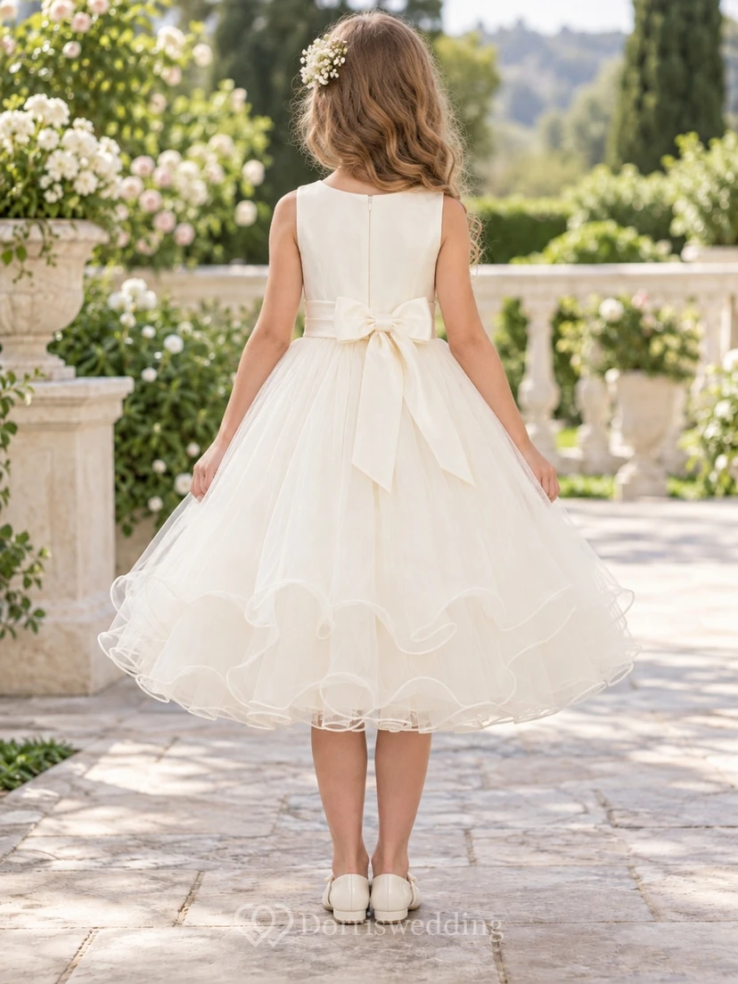 Tea-length Ivory Scoop Sleeveless Satin A-Line Gathered Tulle Curled Tiered Hem Sash Bow Flowergirl Dress view 2