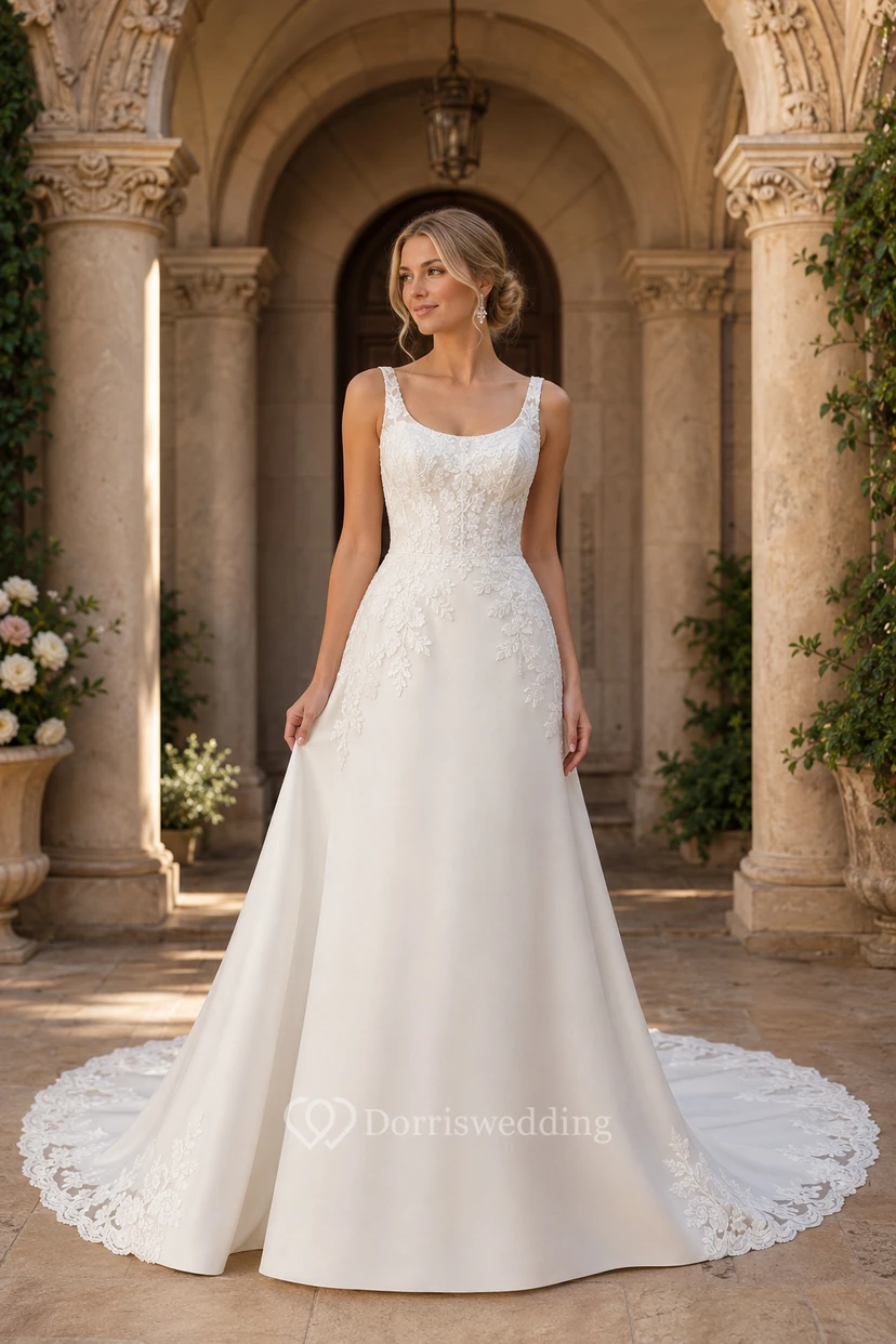 Robe de mariée trapèze en satin, col rond, bretelles et traîne en dentelle