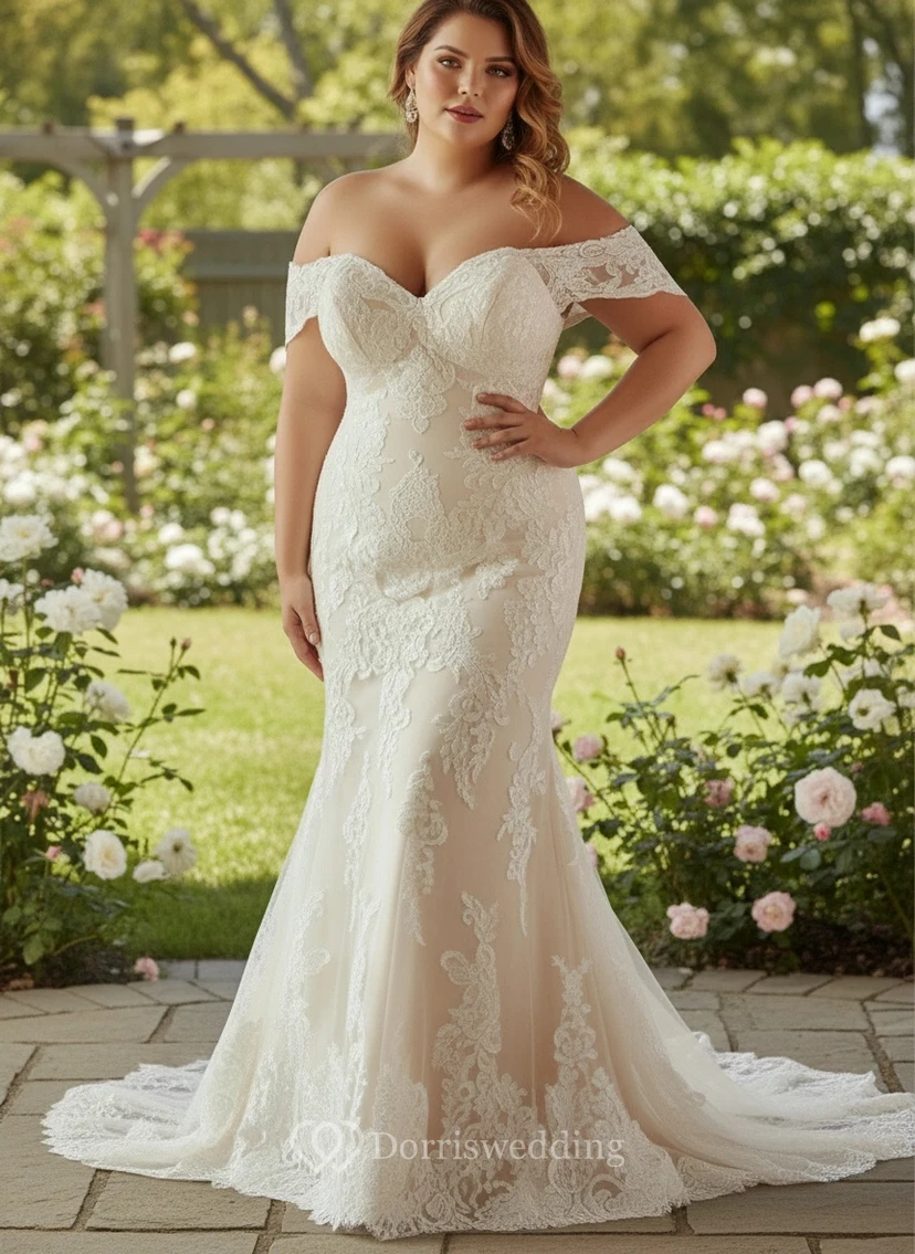 Plus Size Lace Off-the-Shoulder Sweetheart Mermaid Wedding Dress