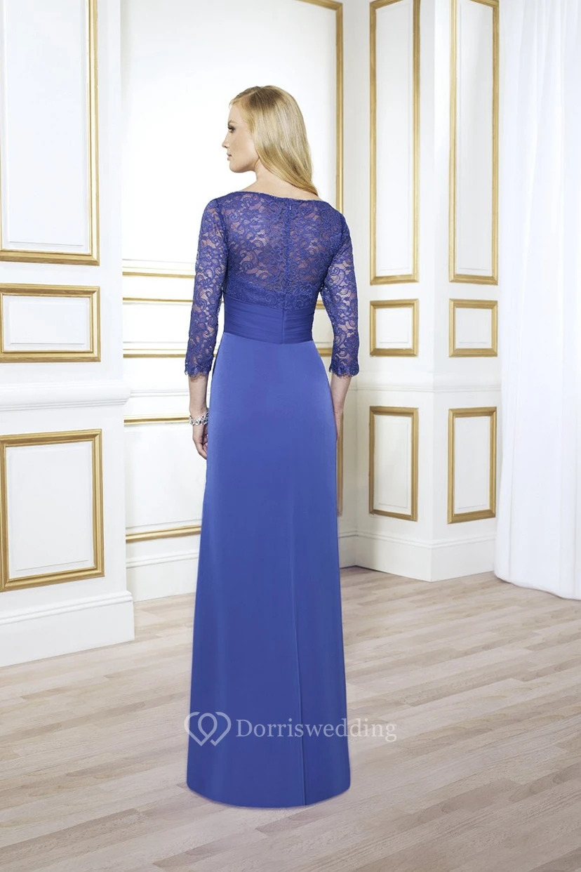3-4 Sleeve Lace Bateau Neck Chiffon Formal Dress With Broach And Draping view 2