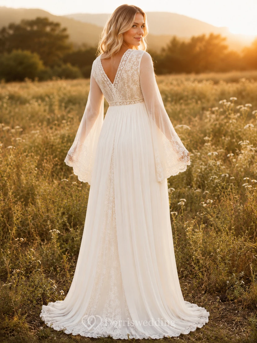 Boho Maternity Wedding Dress V Neck Long Bell Sleeve Lace Tulle Country Gown with Train view 2