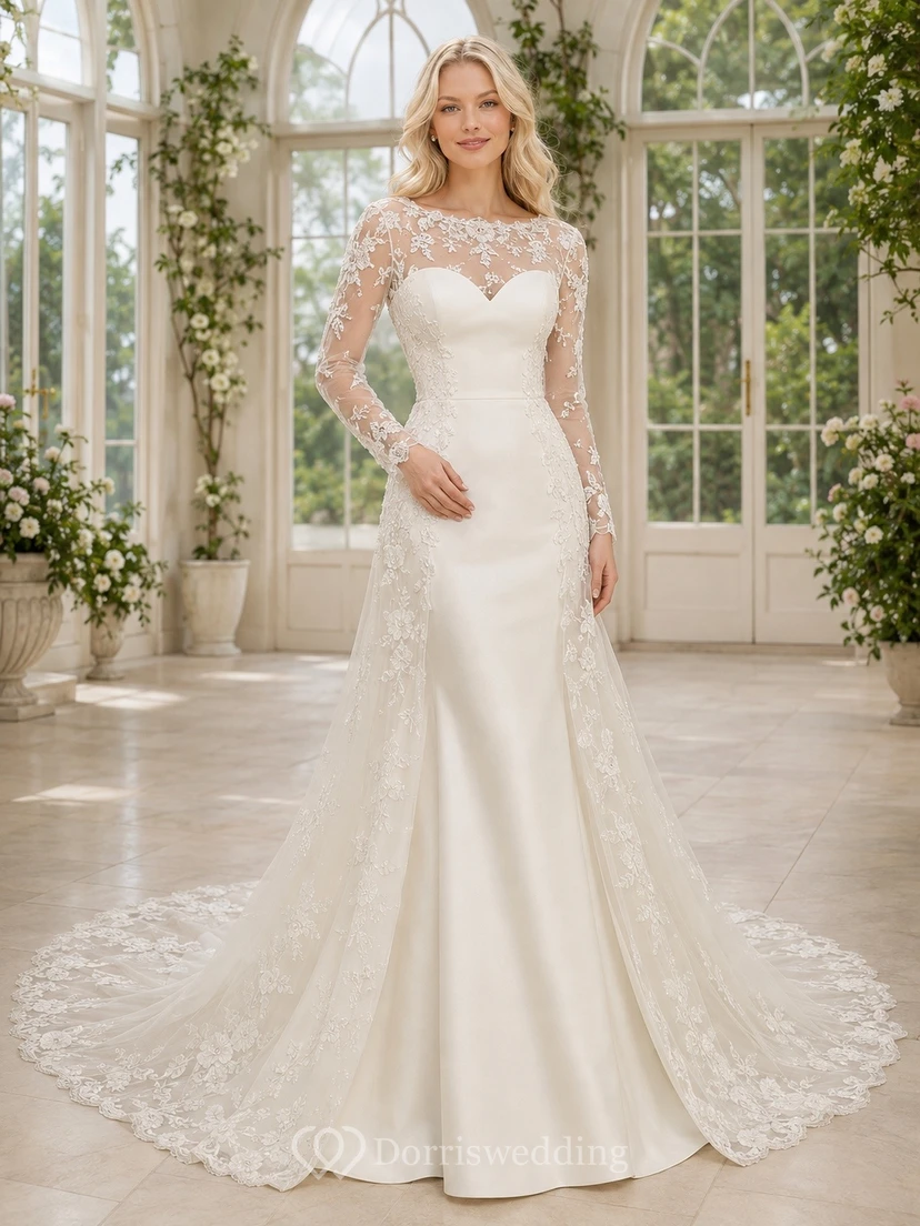 Modest High Neck Sheath Bridal Classic Wedding Dress Lace
