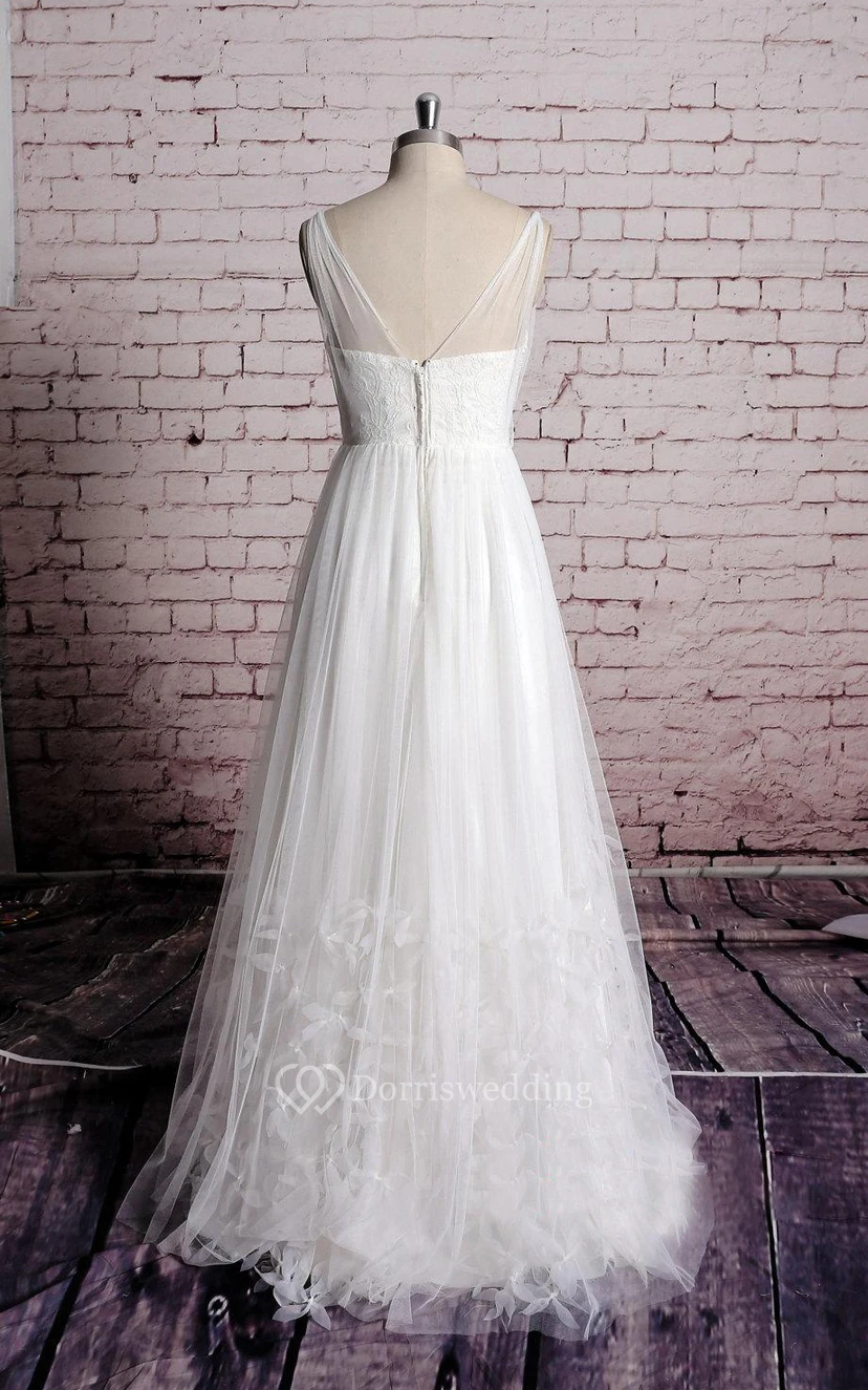 Sleeveless V-Neck A-Line Tulle Dress With Lace Bodice and Skirt Ruffles view 3