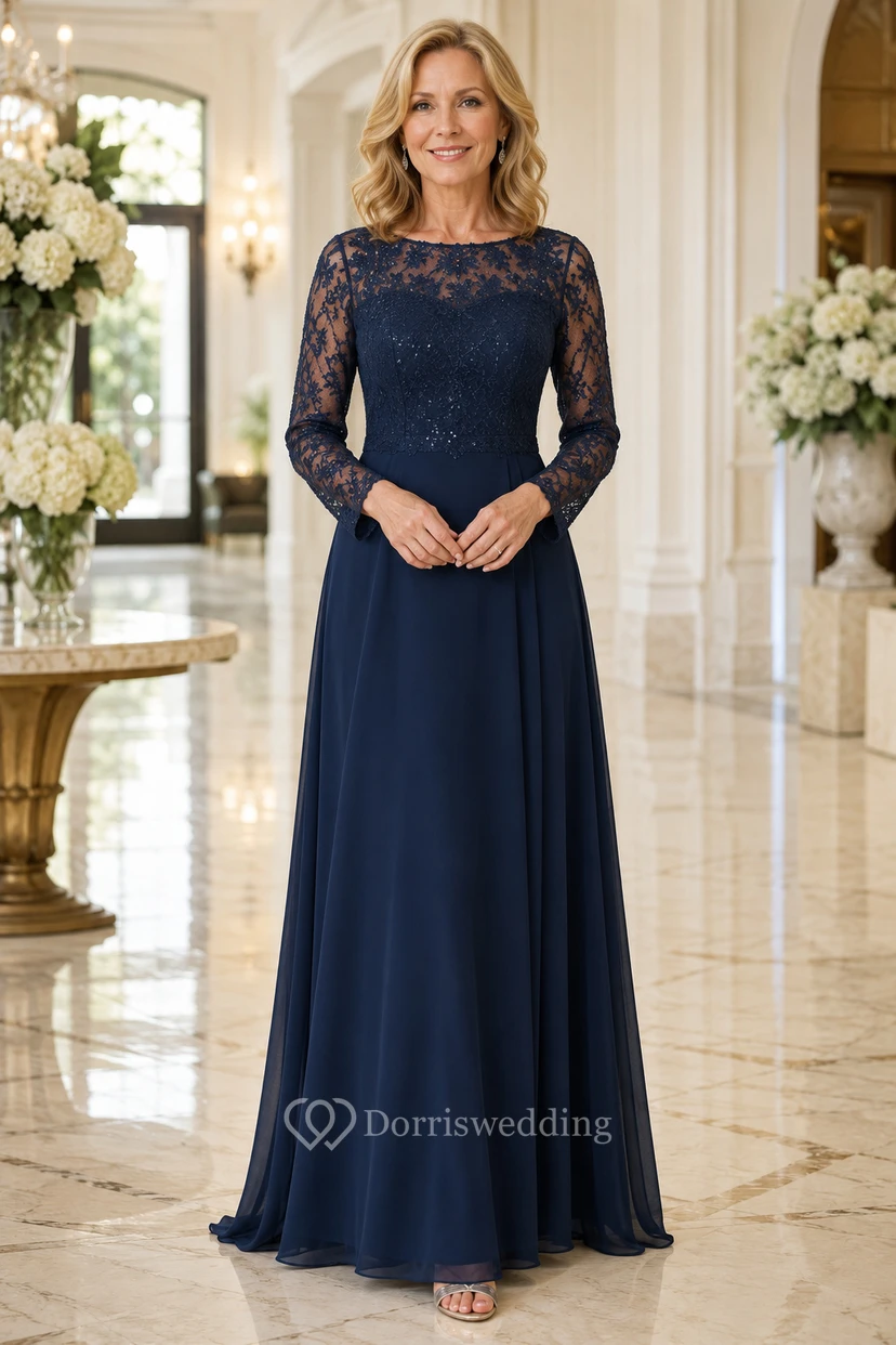 Dunkelblaues Chiffon-Kleid mit Spitzenärmeln und A-Linien-Design für Mütter