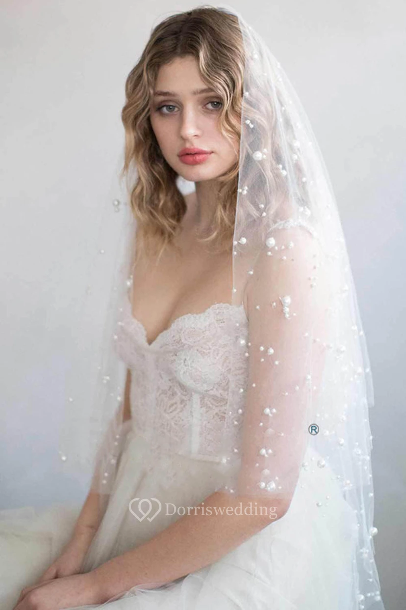 Romantic Fingertip Tulle Wedding Veil with Pearls