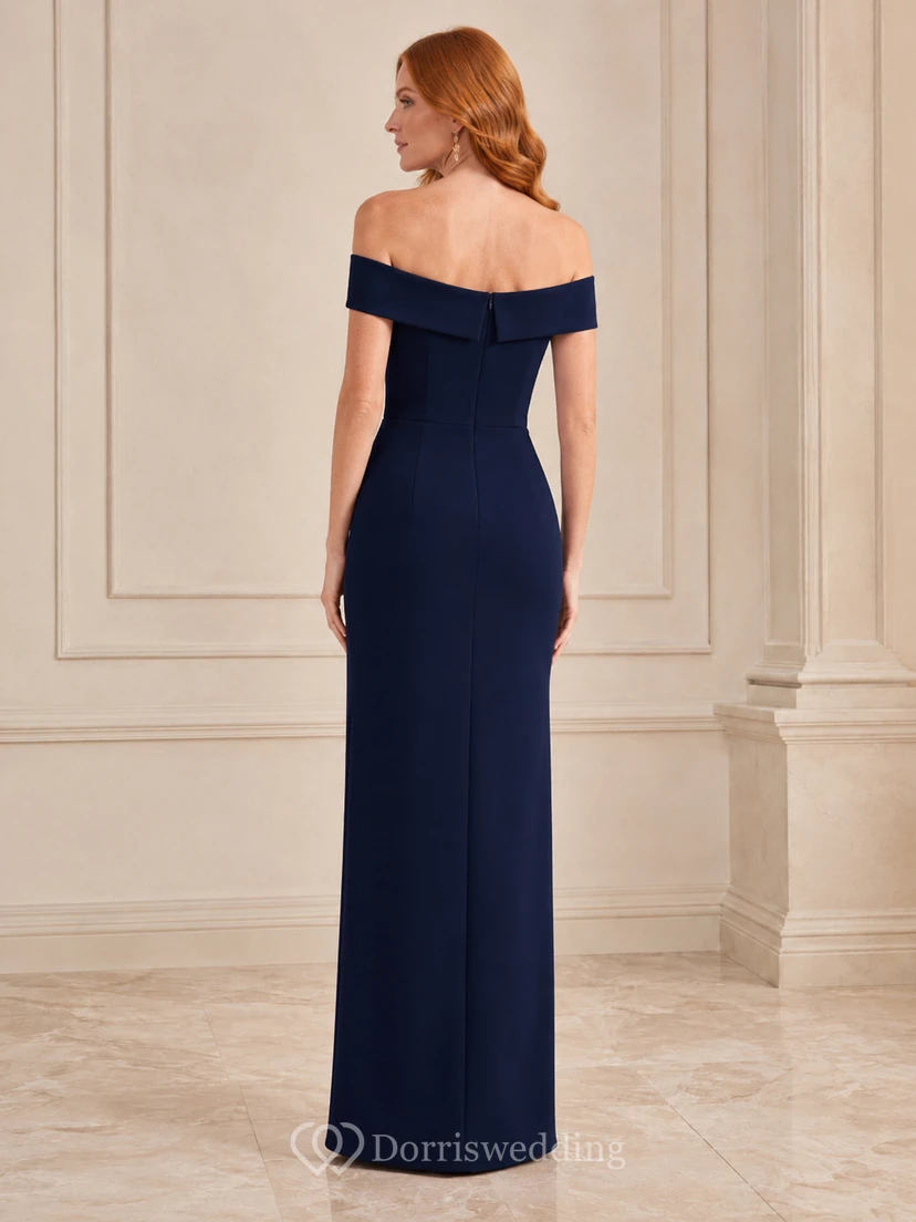 Dark Navy Off Shoulder Column Slit Formal Dress view 2