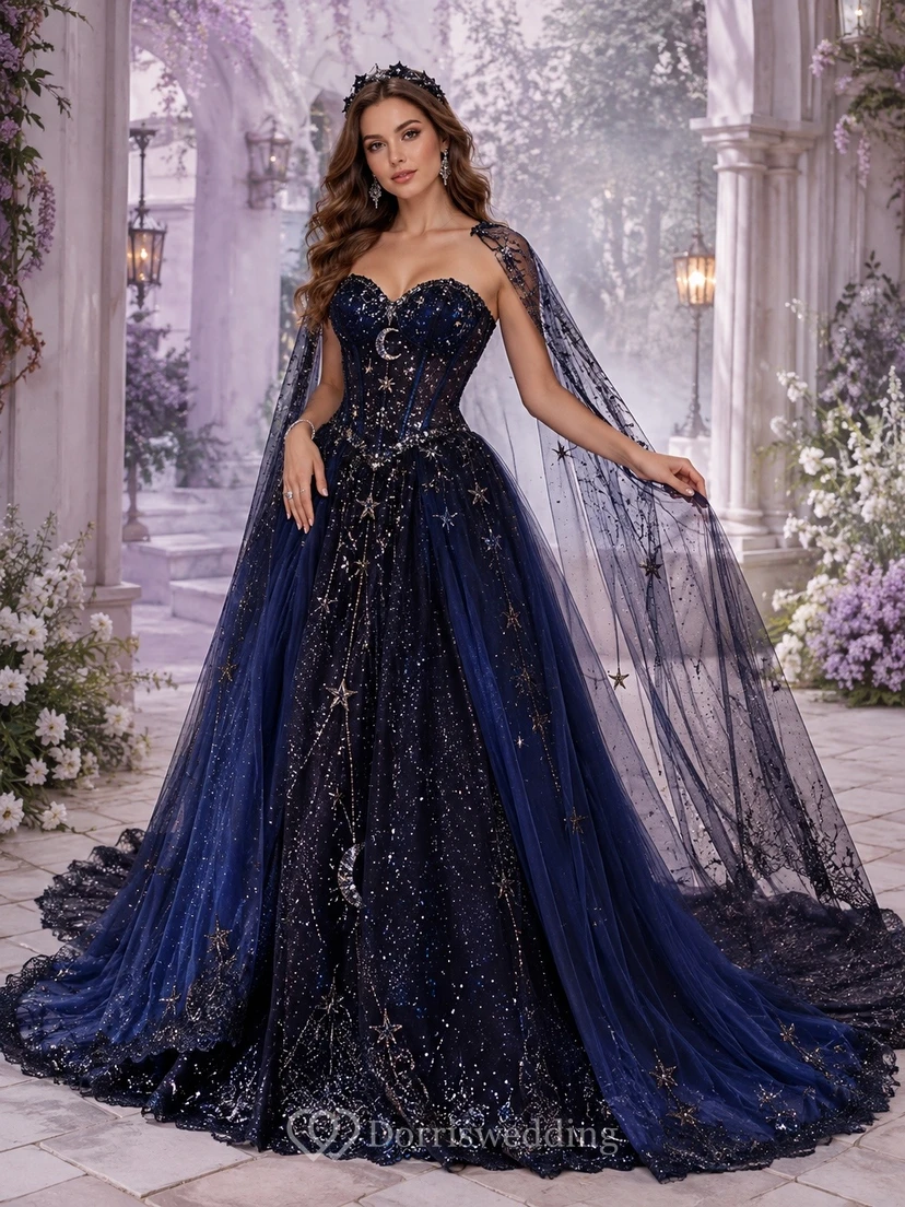 Vestido de novia romántico azul rey de corte A con escote corazón y apliques de tul, manga larga y escote corazón