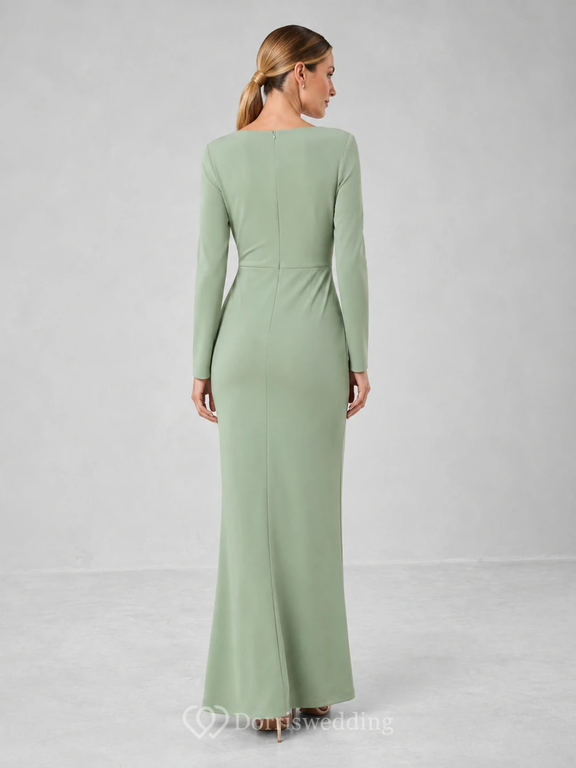 Celadonfarbenes, langärmeliges Etuikleid aus Stretch-Satin mit Bateau-Ausschnitt für festliche Anlässe view 2