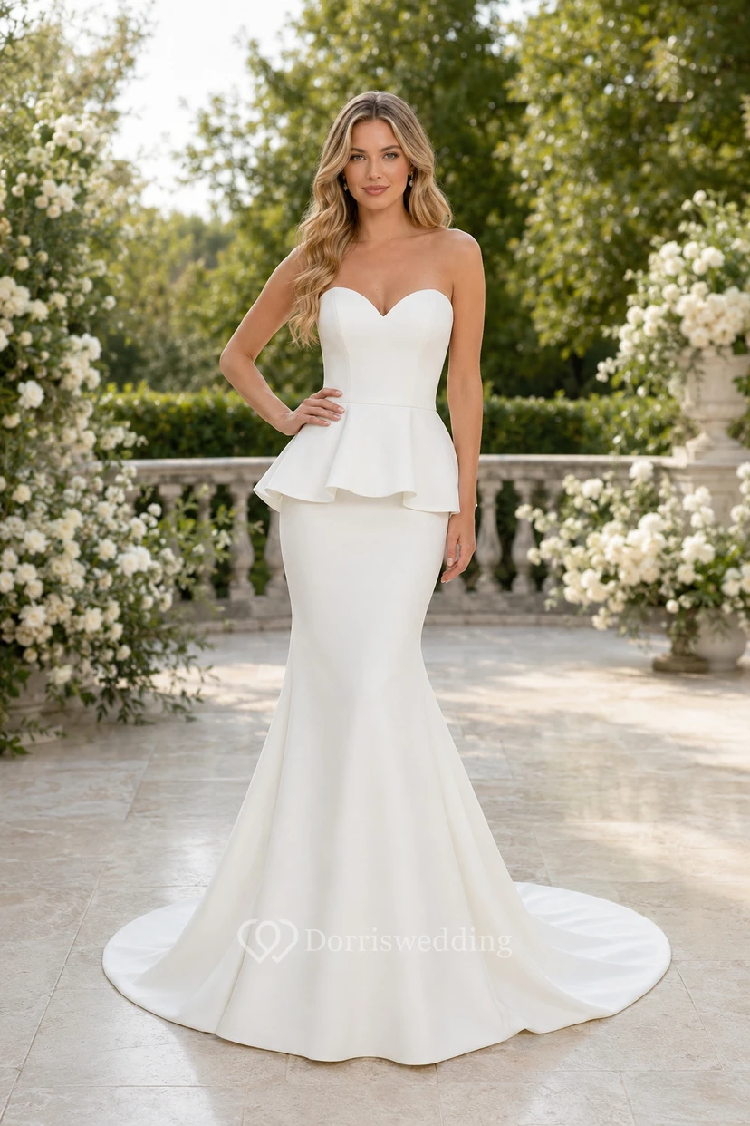 Trägerloses Meerjungfrauen-Brautkleid aus Satin mit Schößchen und Schleppe