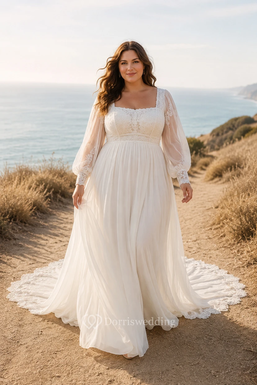 Robe de mariée de plage grande taille ivoire à col carré et manches bouffantes