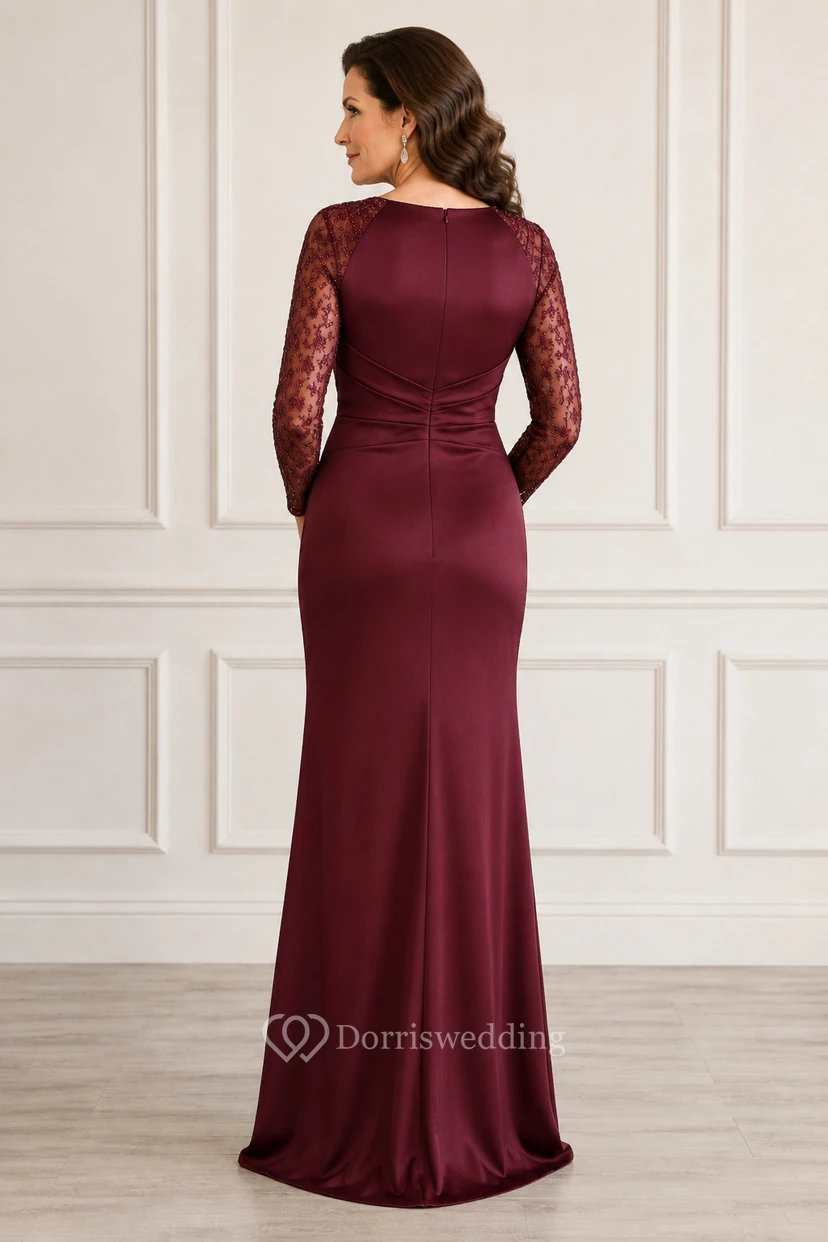 MOB-Kleid, burgunderrot, Jersey, Spitze, Etuikleid, lange Ärmel, Rundhalsausschnitt, bodenlang, gerafft view 2