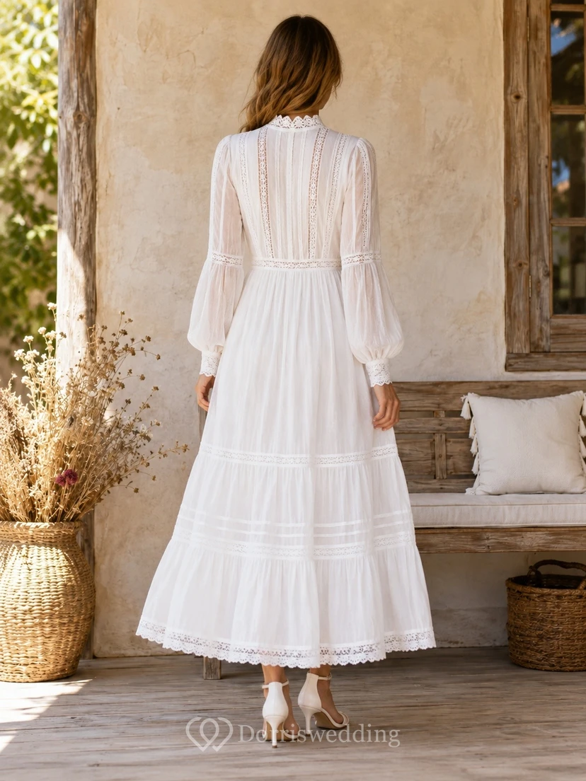 White High Neck Long Sleeve Tiered Chiffon Formal Gown view 2