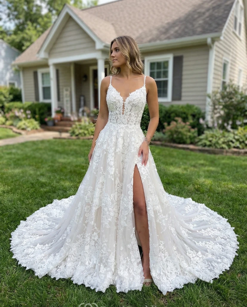 Hochgeschlitztes, florales Spitzenbrautkleid mit Spaghettiträgern, A-Linien-Schnitt und langer Schleppe