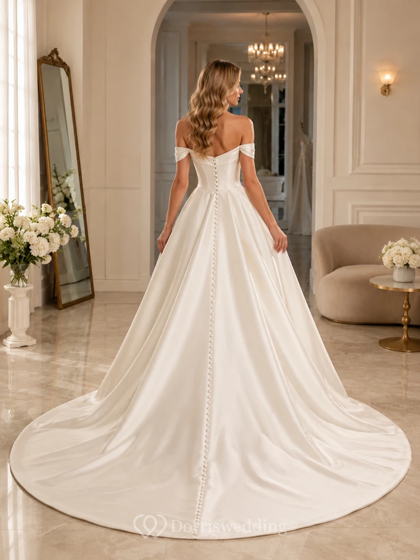 Robe de bal en satin à épaules dénudées, traîne cathédrale, boutonnière view 2