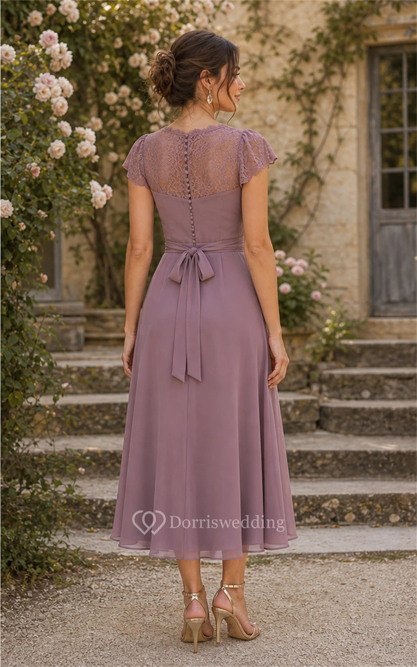 Mauve A-Line Lace Bodice Tea-Length Mother Dress view 2