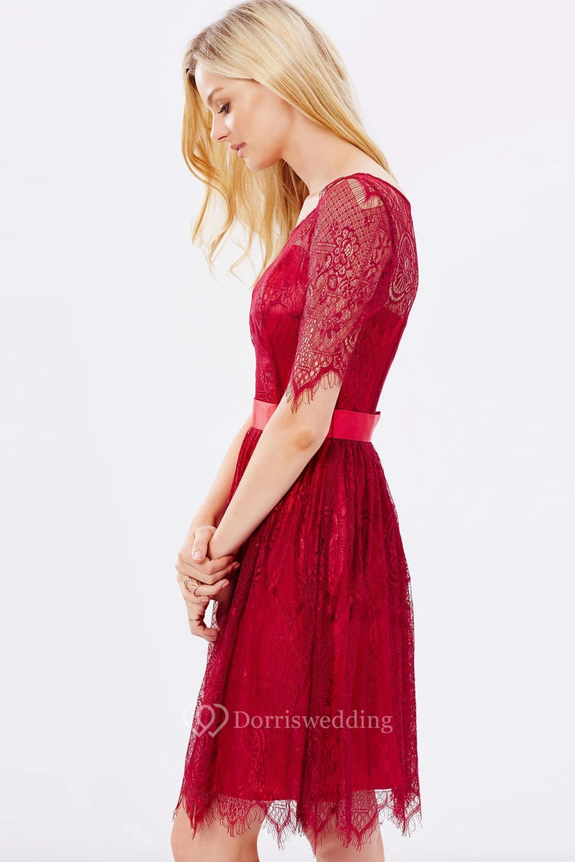 Mini Half Sleeve Scoop Neck Ribboned Lace Bridesmaid Dress view 3