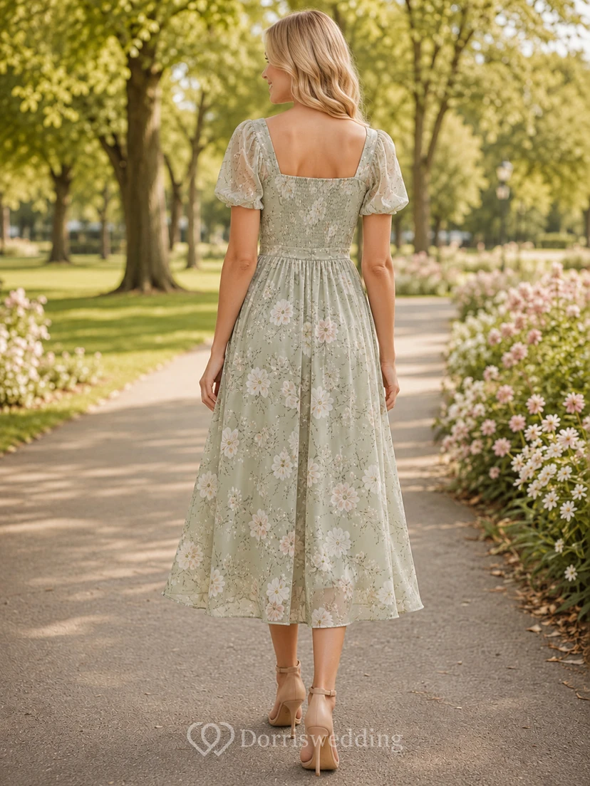 Sage Floral Puff Sleeve Family Photo Midi Dress view 2