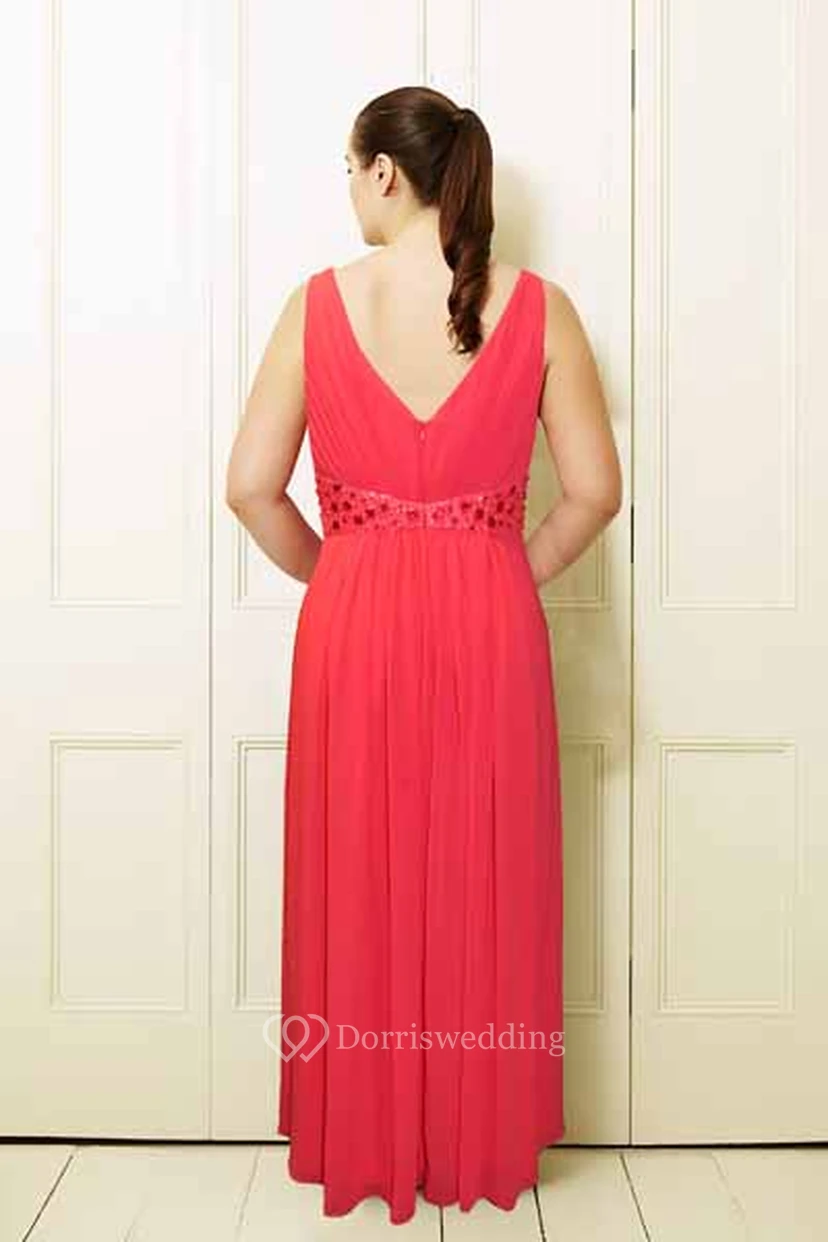 Sleeveless V-Neck Maxi Beaded Chiffon Plus Size Prom Dress With Pleats view 2