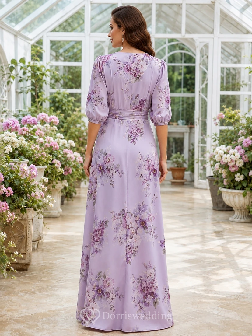 Lavender Floral V-Neck Three-Quarter Sleeve Satin A-Line Floor-Length Split Guest Dress view 2
