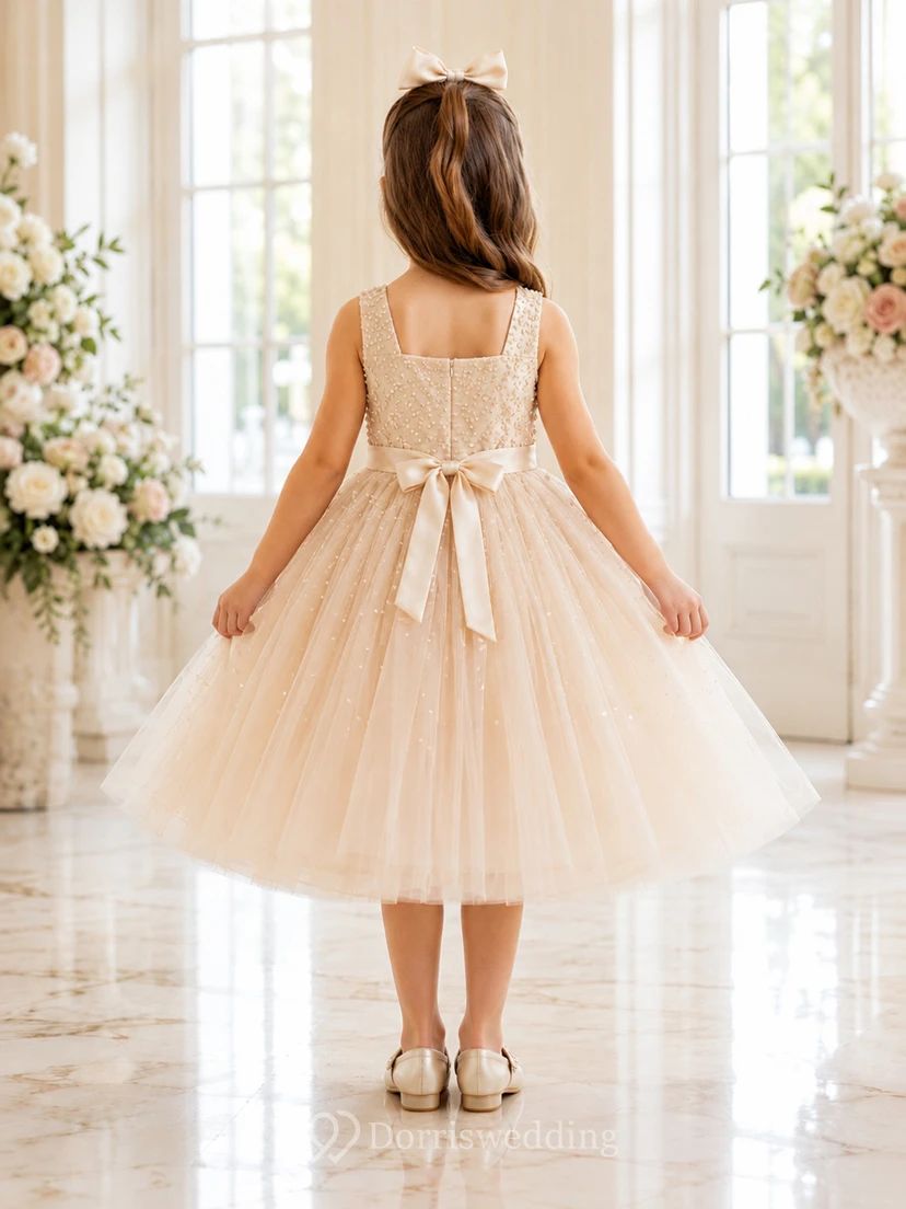 Flower Girl Dress Champagne Lace Tulle A-Line Jewel Neck Tea Length view 2