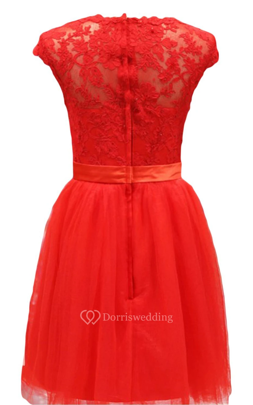 Short-sleeve Lace Bodice Dress With Satin Sash view 2