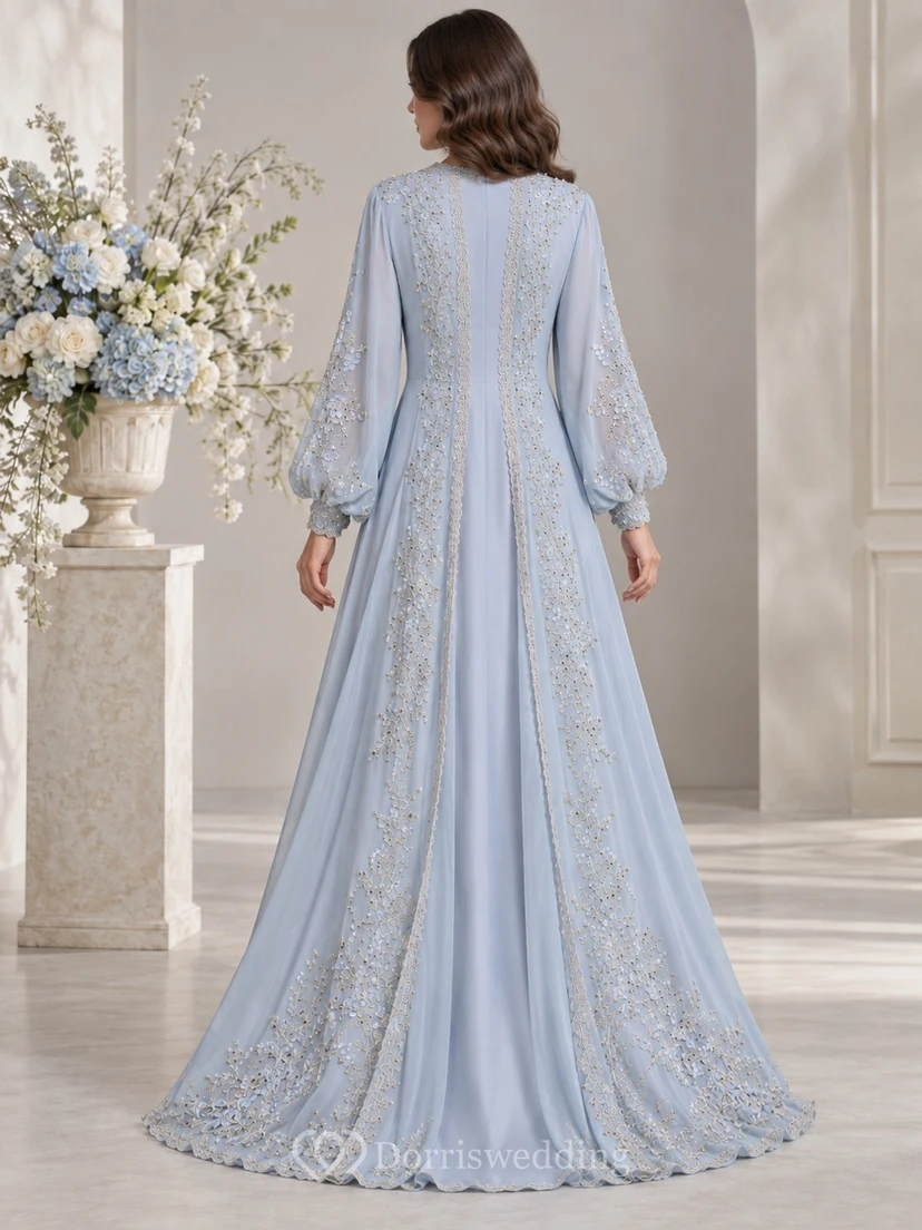 Modest Long Sleeve Blue Floral Lace Trim Flowing Engagement Abaya Dress view 2