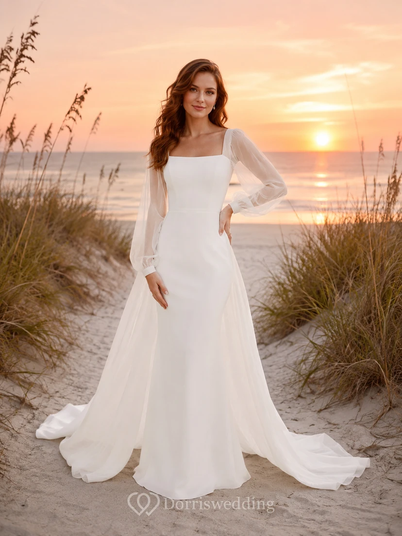 Fall Beach Square Neck Lightweight Sleeve Wedding Dress