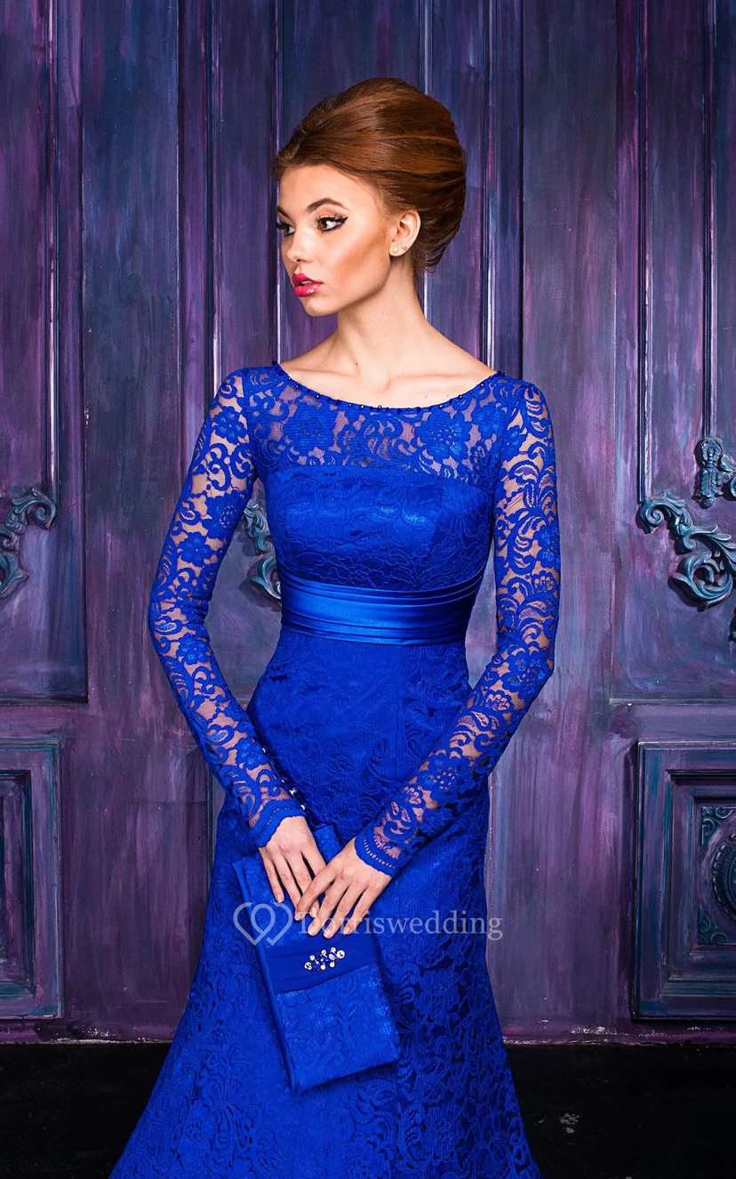 A-line Floor-length Jewel Long Sleeve Lace Keyhole Dress view 2