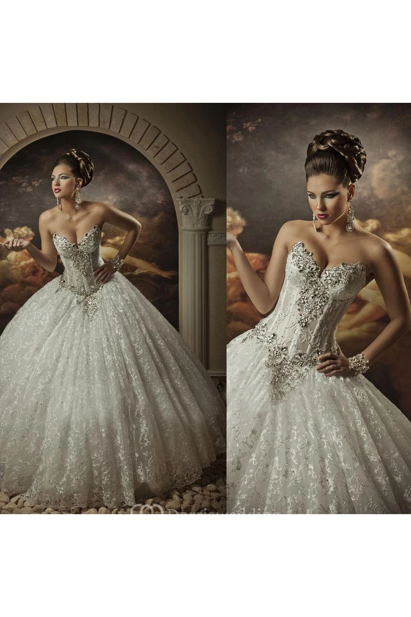 Sweetheart Lace Strapless Arabic Wedding Dresses Ball Gown Sleeveless Beaded Bridal Gowns With Sequins Crystals