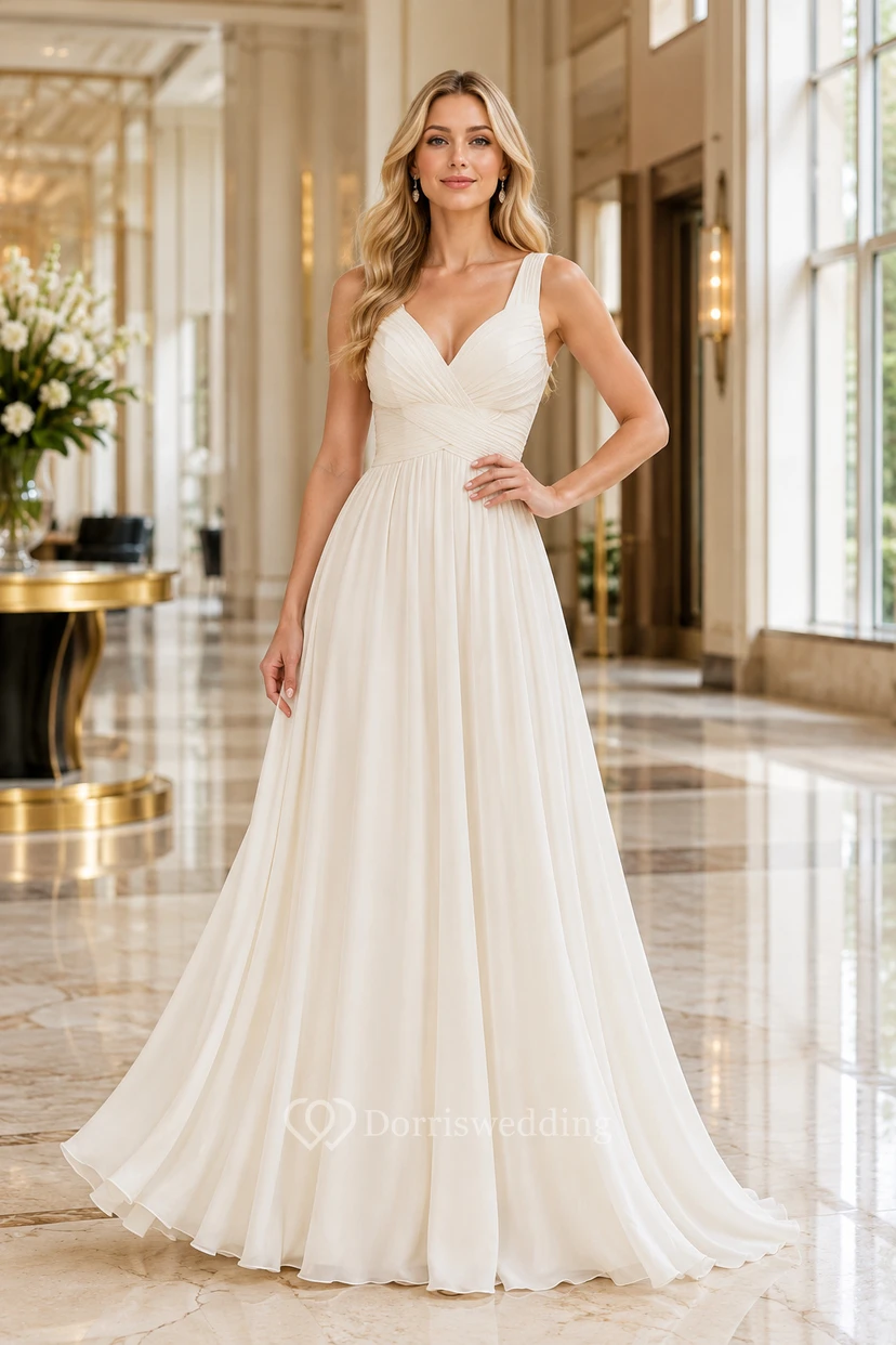 Robe de mariée trapèze en mousseline à col en V, corsage plissé et traîne pour la cérémonie