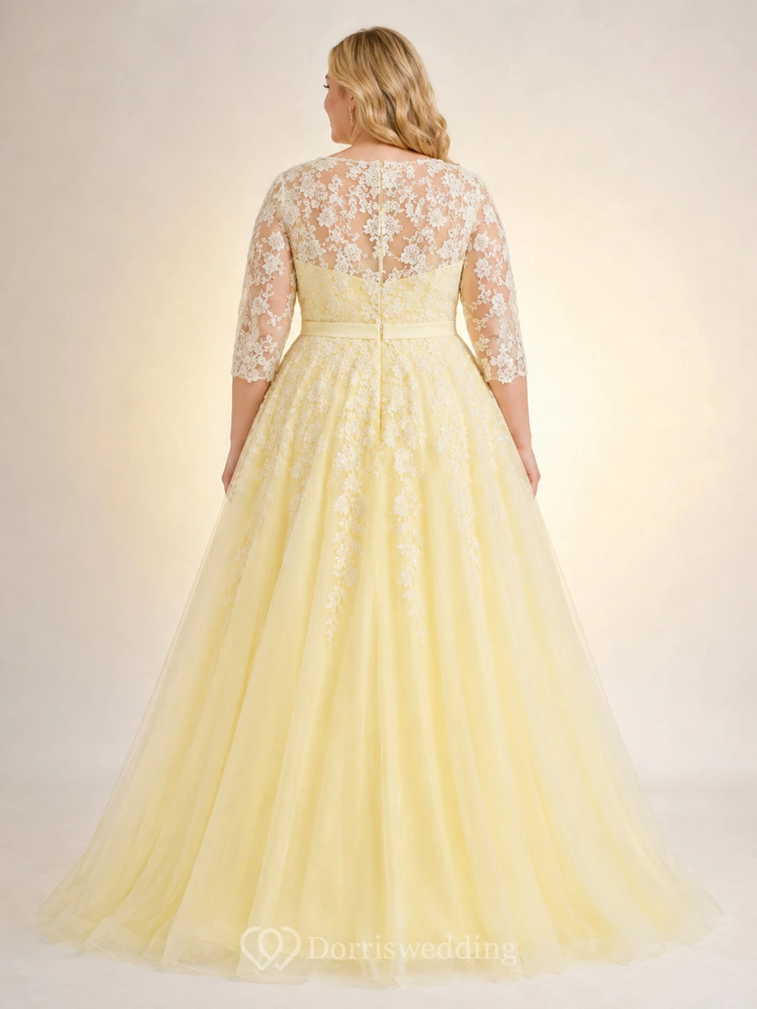 Yellow Plus Size Long Sleeve Lace Studio Bridal Gown view 2