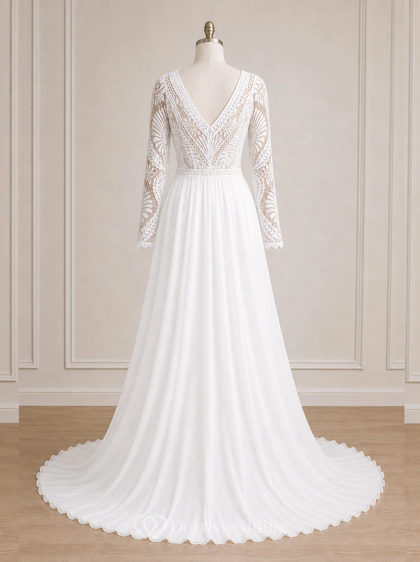 Courtry V-neck Long Sleeve Chiffon Simple Boho Wedding Dress with Lace Top view 8