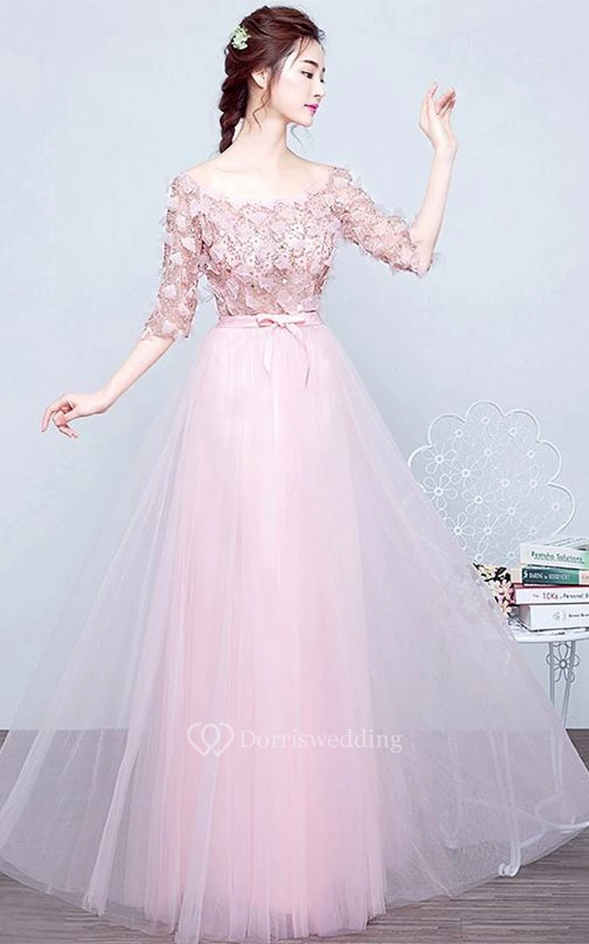 A-Line Bateau Half Sleeves Sequins Long Prom Dress view 3