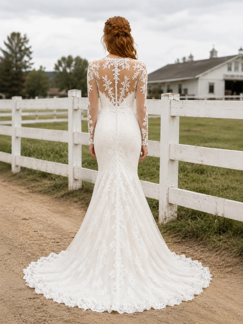 Robe de mariée de maternité en dentelle, col carré, manches longues, style jardin, avec fente sur le devant view 2