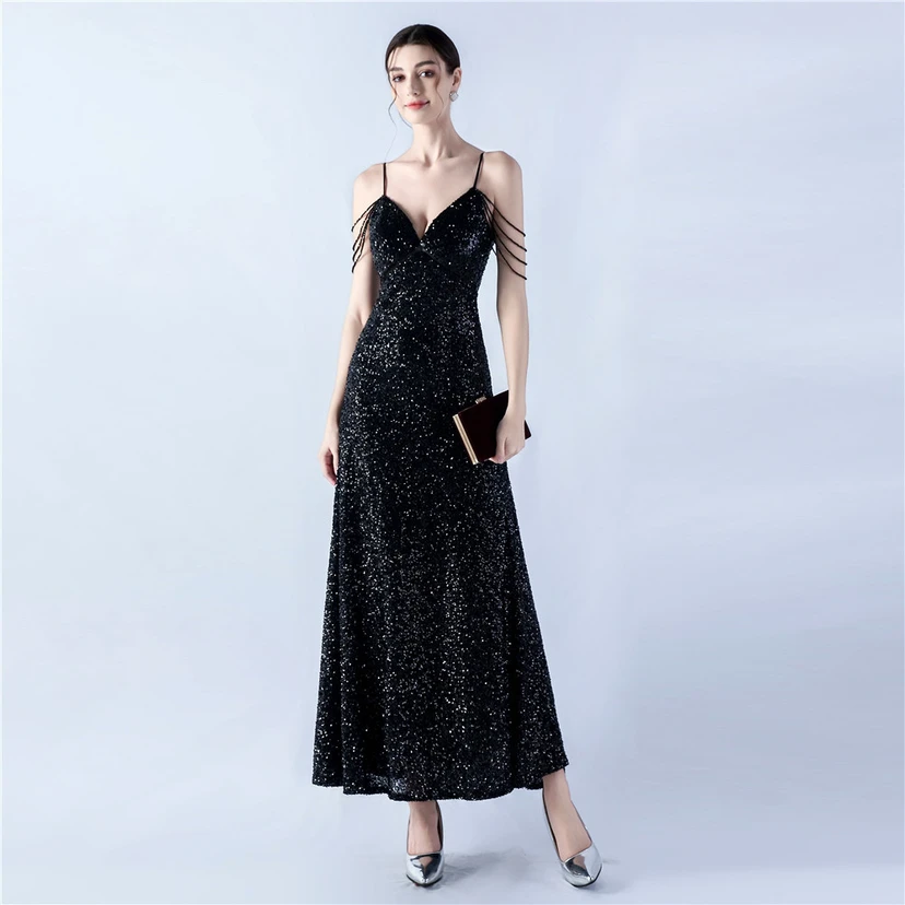 Sling A-Line Large Swing Mesh Sequin Evening Dress view 6