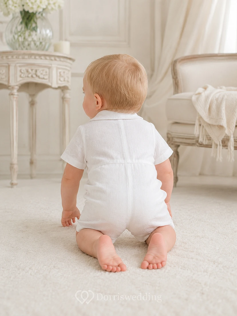 White Pintuck Button Front Short Sleeve Infant Christening Romper for Baby Boy view 2