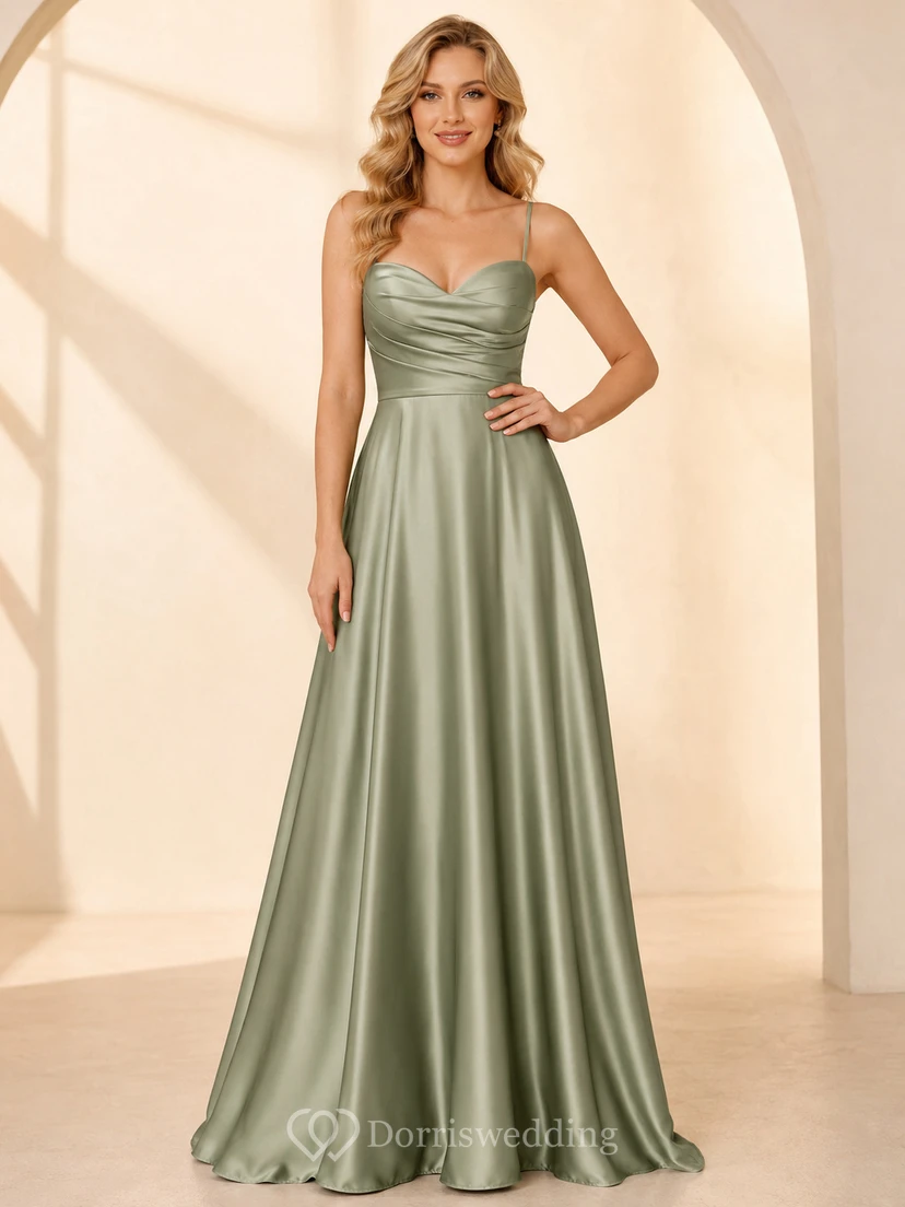 Celadon Spaghetti Sweetheart Low-V Pleated Satin Romantic Bridesmaid Gown Reception