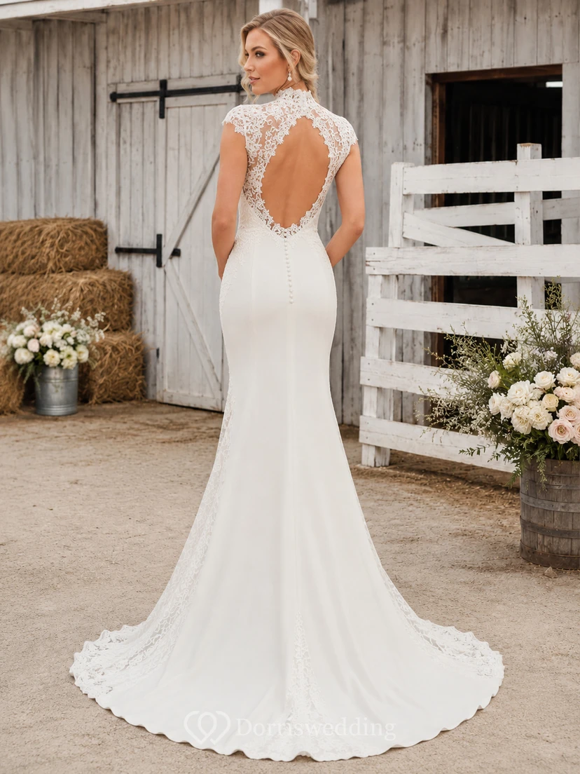 Robe de mariée sirène en satin satiné, col montant, sans manches, dentelle, dos nu en forme de goutte, style champêtre, avec traîne chapelle view 2