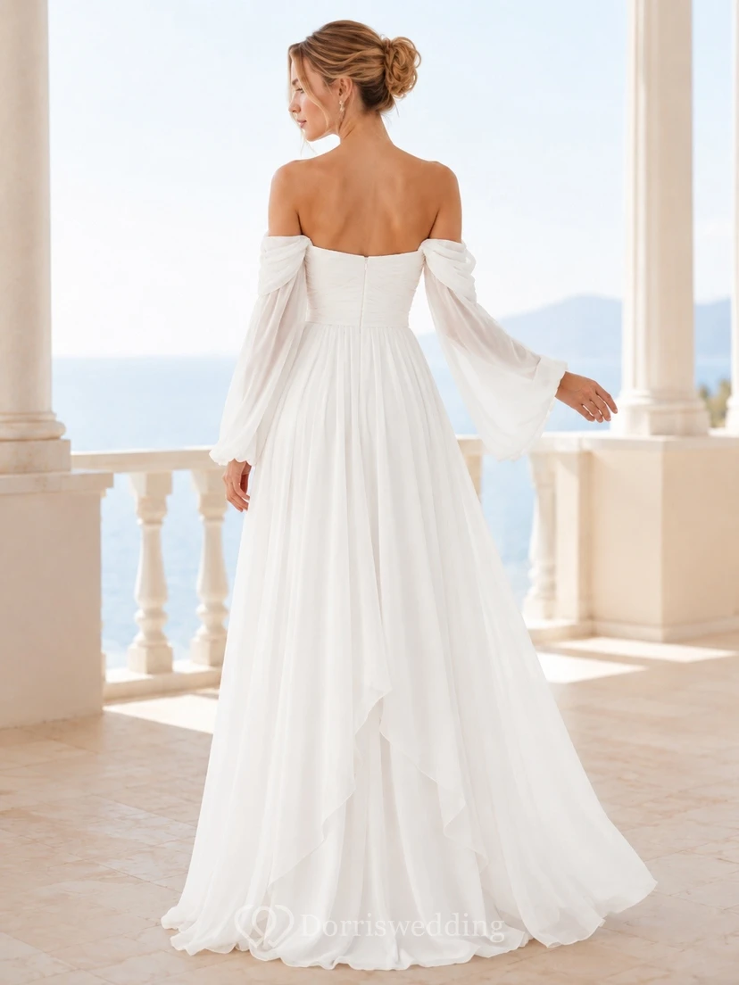 Minimal Square Neck Long Sleeve Satin Sheath Wedding Gown