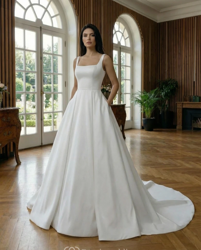 Minimalist Satin Ball Gown Wedding Dress with Square Neckline